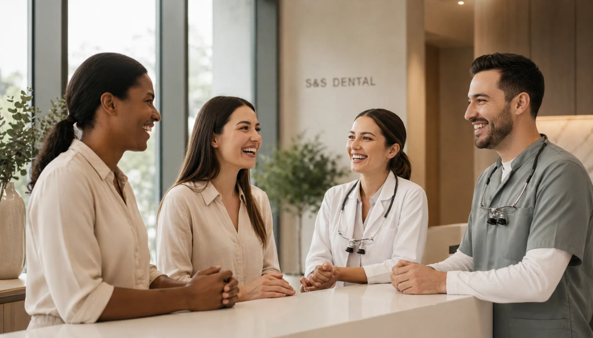 Tandläkare och patienter delar glädje och trygga leenden i gyllene ljus – S&S Dental, privat tandvård i Huvudsta Centrum, Solna.